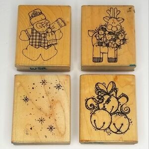 D.O.T.S. Vintage Holiday/Christmas Wooden Rubber Stamp Lot- Bells Snow Reindeer